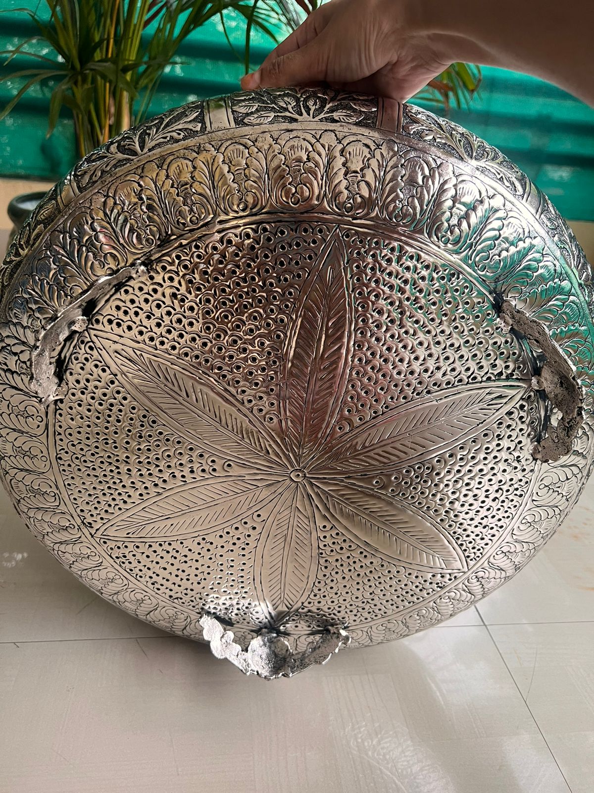 Antique finish German silver fully carved urli bowl for home decor